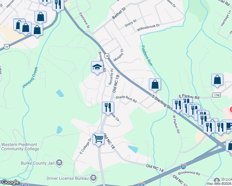 map of restaurants, bars, coffee shops, grocery stores, and more near 117A/F Old N C 18 in Morganton