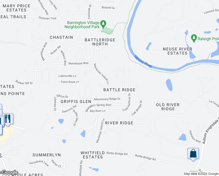 map of restaurants, bars, coffee shops, grocery stores, and more near 3701 Mackinac Island Lane in Raleigh