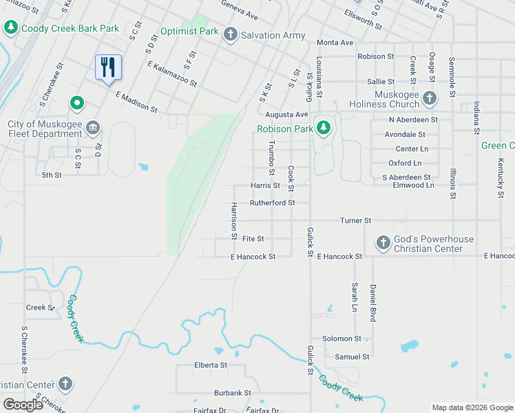 map of restaurants, bars, coffee shops, grocery stores, and more near 1021 Rutherford Street in Muskogee