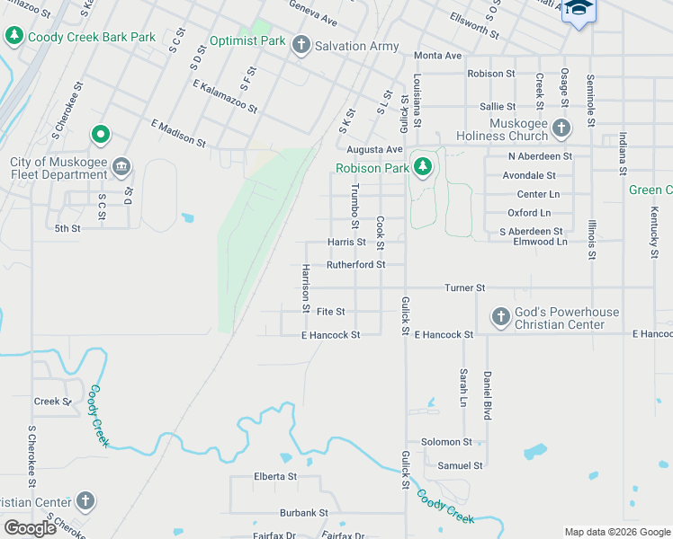 map of restaurants, bars, coffee shops, grocery stores, and more near 1021 Rutherford Street in Muskogee