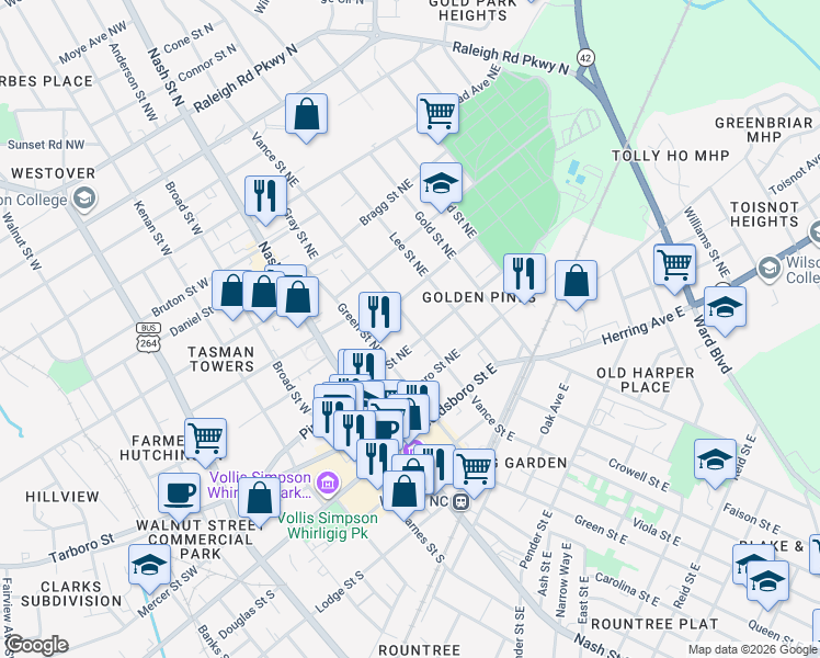 map of restaurants, bars, coffee shops, grocery stores, and more near 203 Vance Street Northeast in Wilson