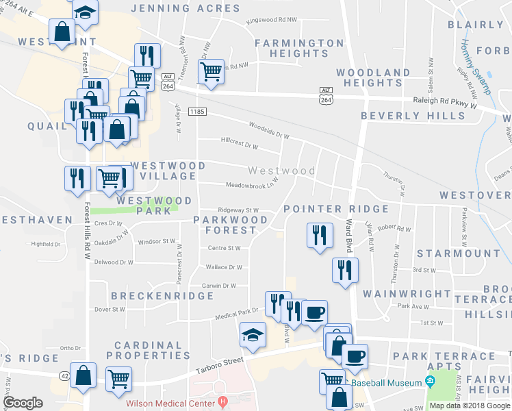 map of restaurants, bars, coffee shops, grocery stores, and more near 1706 Ridgeway St W in Wilson