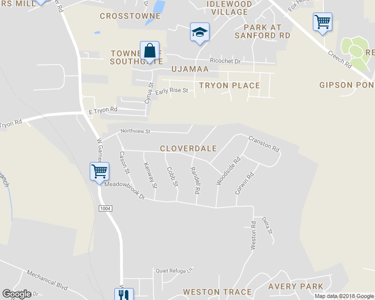 map of restaurants, bars, coffee shops, grocery stores, and more near 1225 Southerlund Road in Garner
