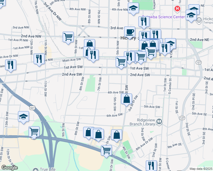 map of restaurants, bars, coffee shops, grocery stores, and more near 308 6th Street Southwest in Hickory