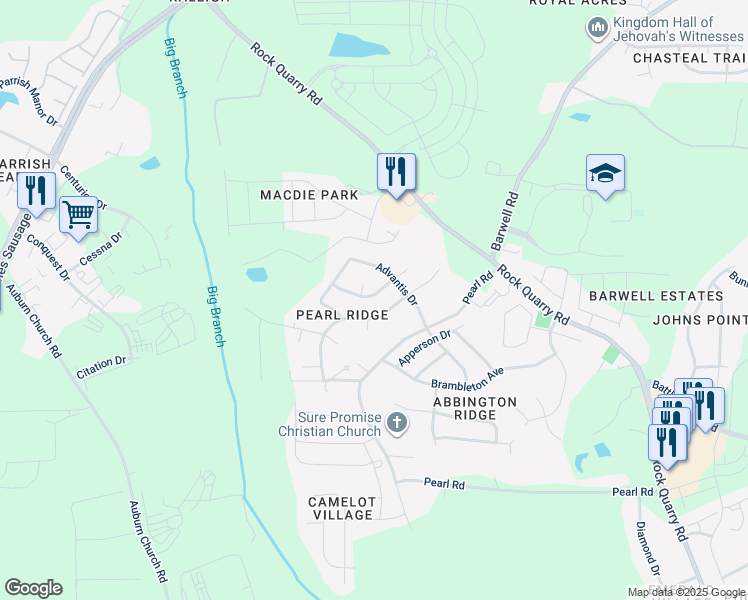 map of restaurants, bars, coffee shops, grocery stores, and more near 4025 Scofield Drive in Raleigh