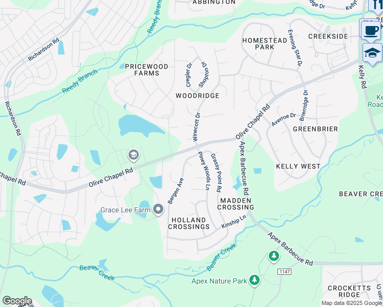 map of restaurants, bars, coffee shops, grocery stores, and more near 102 Bergen Avenue in Apex