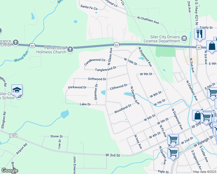 map of restaurants, bars, coffee shops, grocery stores, and more near 816 Cliftwood Drive in Siler City
