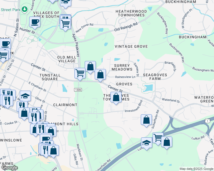 map of restaurants, bars, coffee shops, grocery stores, and more near 1016 Center Street in Apex