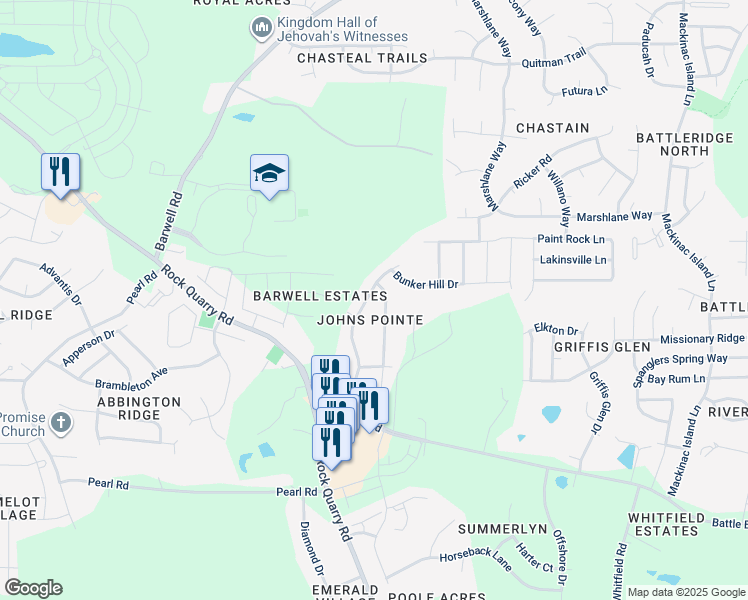 map of restaurants, bars, coffee shops, grocery stores, and more near 3915 Cane Garden Drive in Raleigh