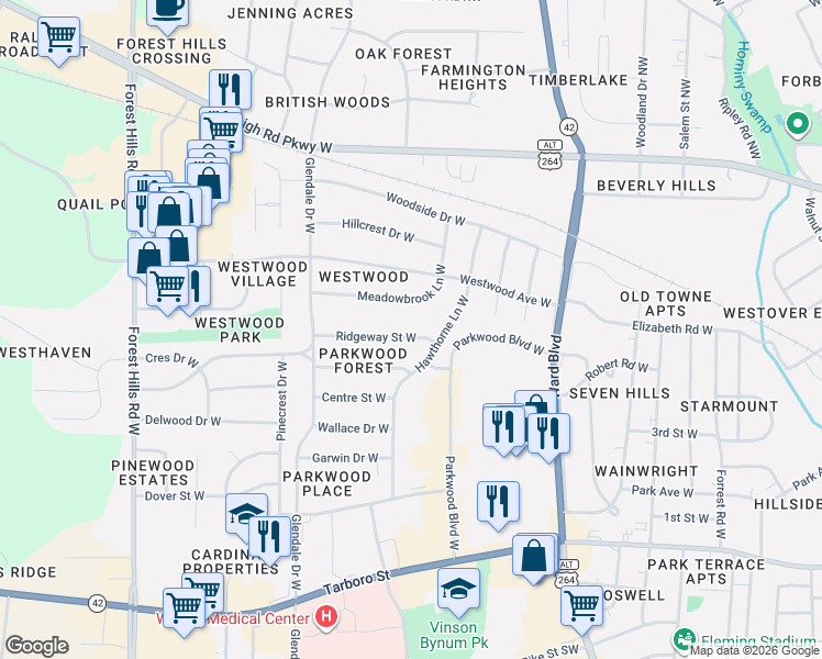 map of restaurants, bars, coffee shops, grocery stores, and more near 1706 Ridgeway St W in Wilson