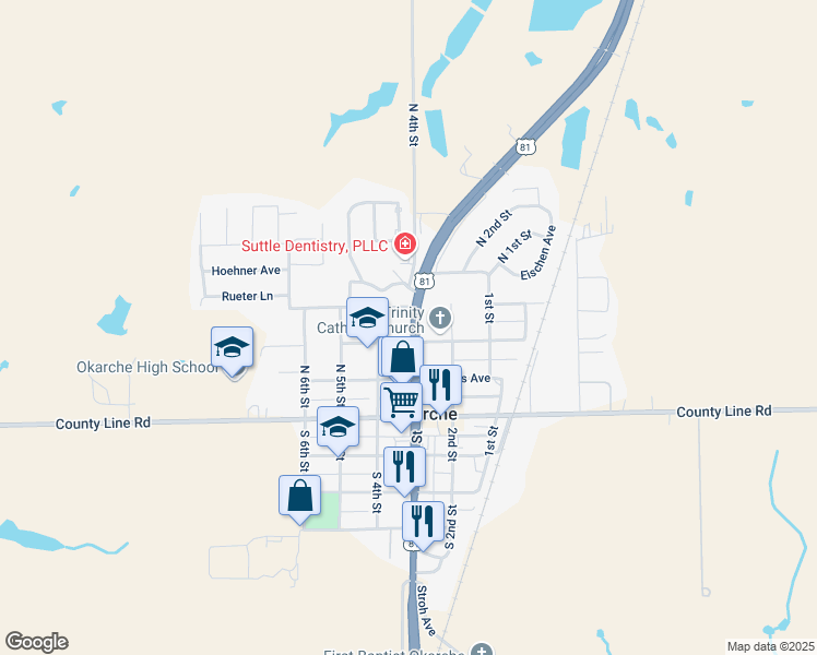 map of restaurants, bars, coffee shops, grocery stores, and more near 309 North Main Street in Okarche