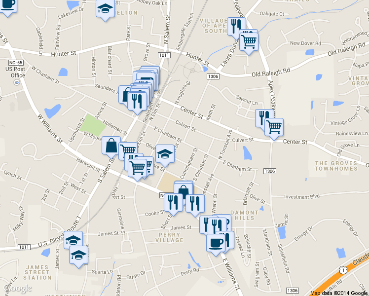 map of restaurants, bars, coffee shops, grocery stores, and more near 406 E Chatham St in Apex