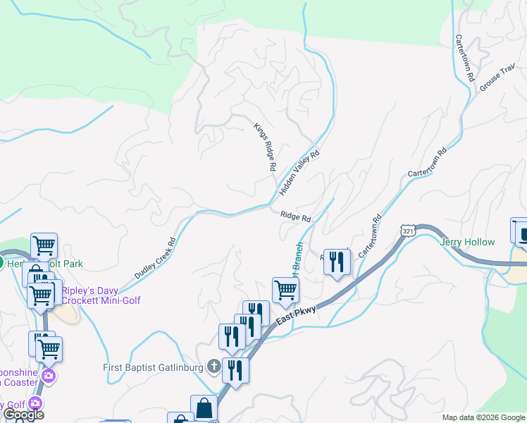 map of restaurants, bars, coffee shops, grocery stores, and more near 504 Ridge Road in Gatlinburg