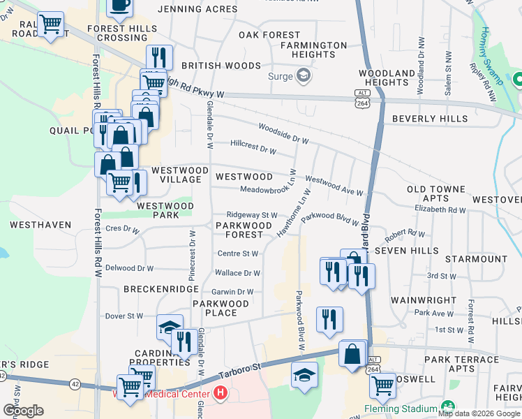 map of restaurants, bars, coffee shops, grocery stores, and more near 1706 Ridgeway St W in Wilson