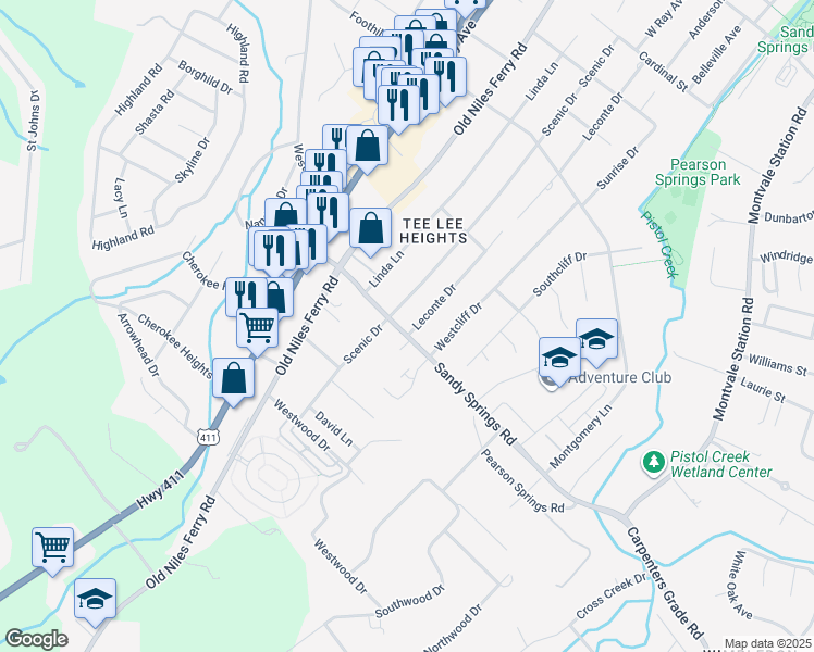 map of restaurants, bars, coffee shops, grocery stores, and more near 1773 Leconte Drive in Maryville