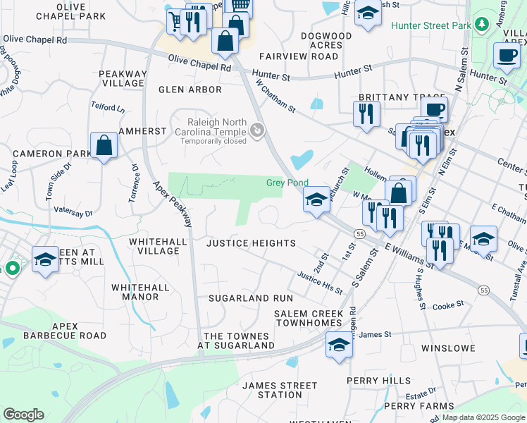map of restaurants, bars, coffee shops, grocery stores, and more near 641 Upchurch Street in Apex