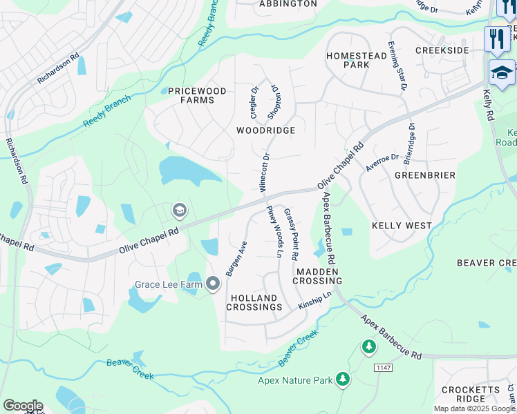 map of restaurants, bars, coffee shops, grocery stores, and more near 102 Bergen Avenue in Apex