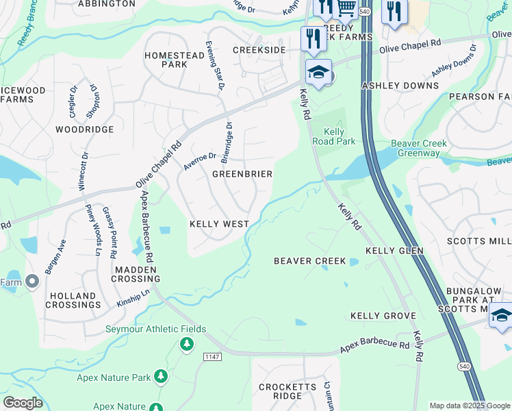 map of restaurants, bars, coffee shops, grocery stores, and more near 604 Brickstone Drive in Apex