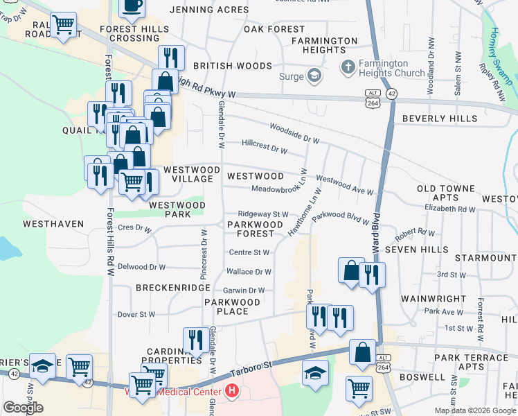 map of restaurants, bars, coffee shops, grocery stores, and more near 1716 Ridgeway St W in Wilson
