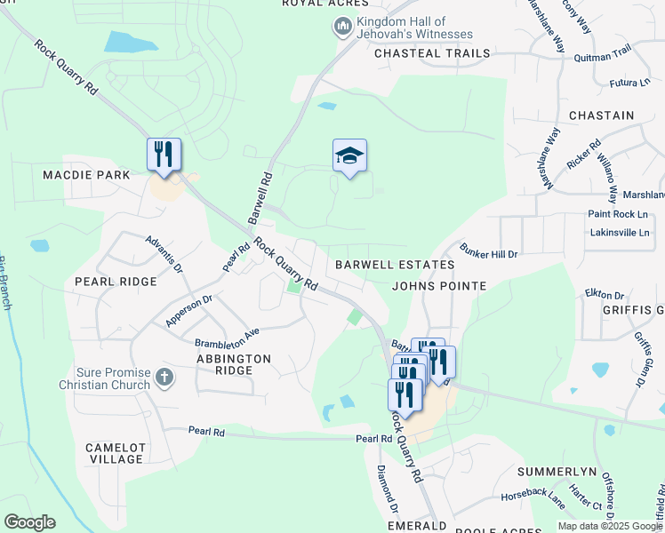 map of restaurants, bars, coffee shops, grocery stores, and more near 3613 Turney Drive in Raleigh