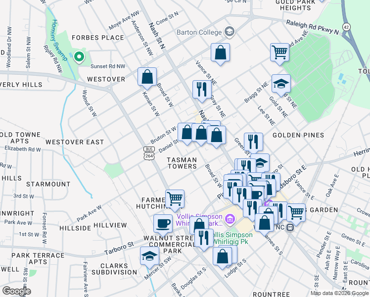 map of restaurants, bars, coffee shops, grocery stores, and more near 503 Kenan Street West in Wilson