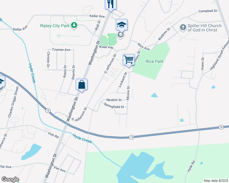 map of restaurants, bars, coffee shops, grocery stores, and more near 362 Lee Avenue in Ripley