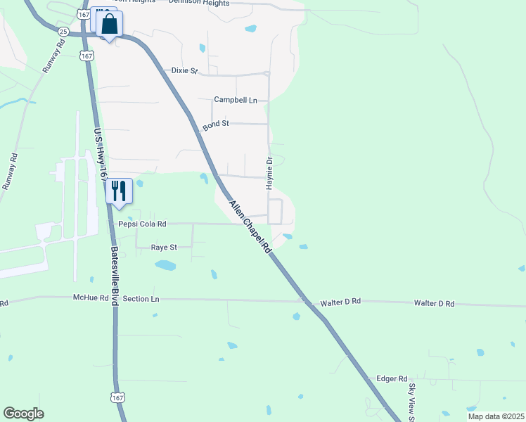 map of restaurants, bars, coffee shops, grocery stores, and more near 35 Haynie Drive in Batesville