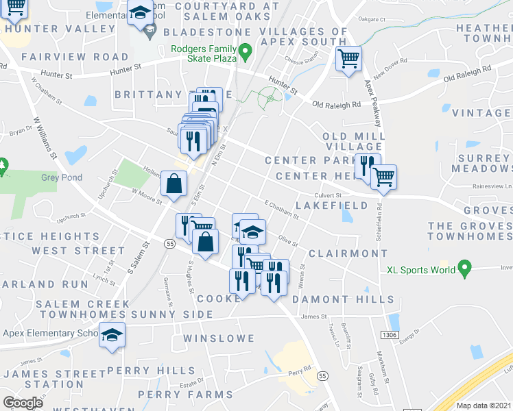 map of restaurants, bars, coffee shops, grocery stores, and more near 404 E Chatham St in Apex