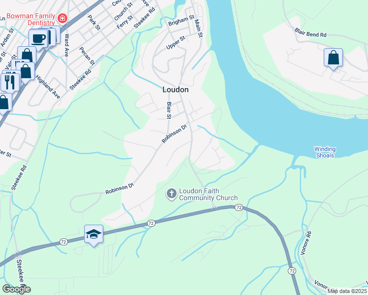 map of restaurants, bars, coffee shops, grocery stores, and more near 411 Barbar Lane in Loudon