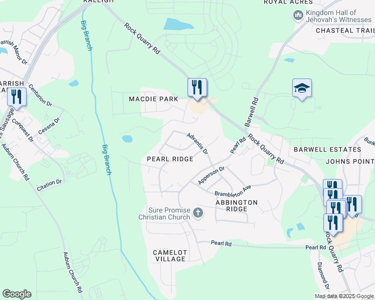 map of restaurants, bars, coffee shops, grocery stores, and more near 4025 Scofield Drive in Raleigh