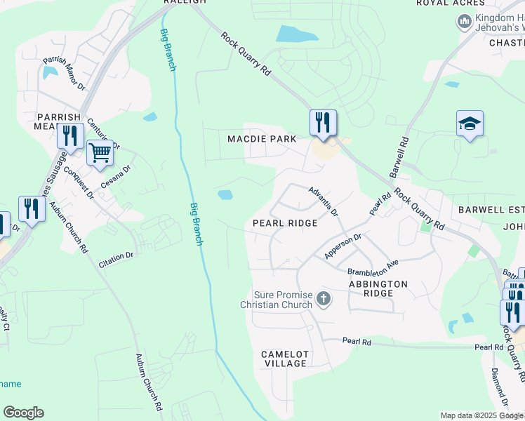 map of restaurants, bars, coffee shops, grocery stores, and more near 4116 Mindspring Drive in Raleigh