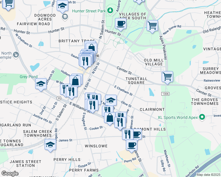 map of restaurants, bars, coffee shops, grocery stores, and more near 107 South Mason Street in Apex