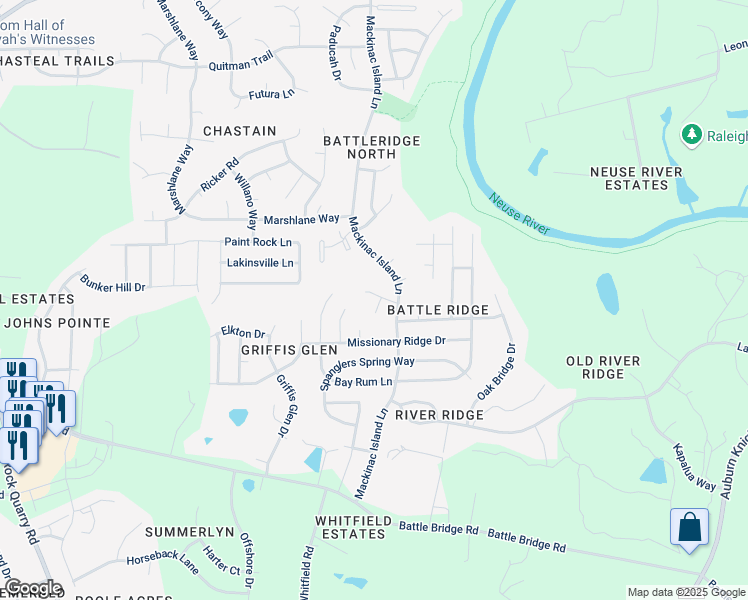 map of restaurants, bars, coffee shops, grocery stores, and more near 7016 San Juan Hill Court in Raleigh