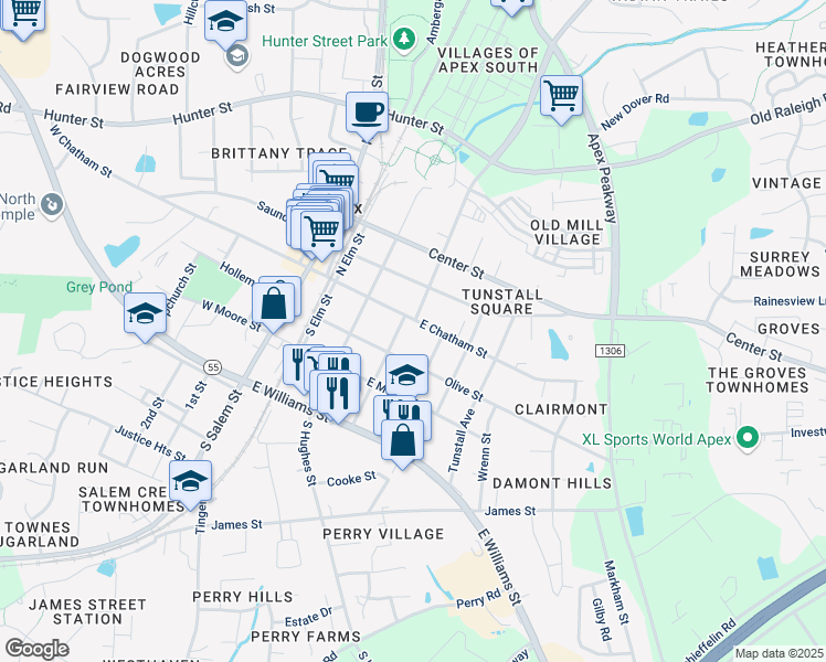 map of restaurants, bars, coffee shops, grocery stores, and more near 404 E Chatham St in Apex