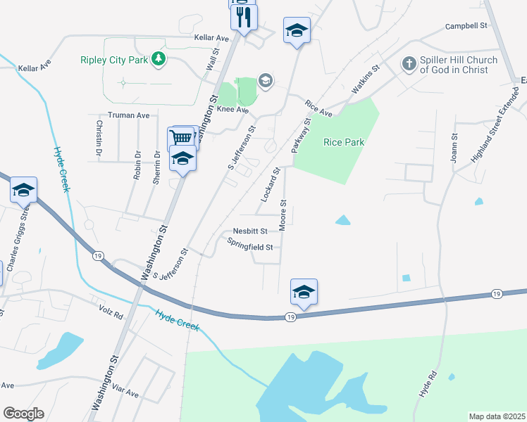 map of restaurants, bars, coffee shops, grocery stores, and more near 362 Lee Avenue in Ripley