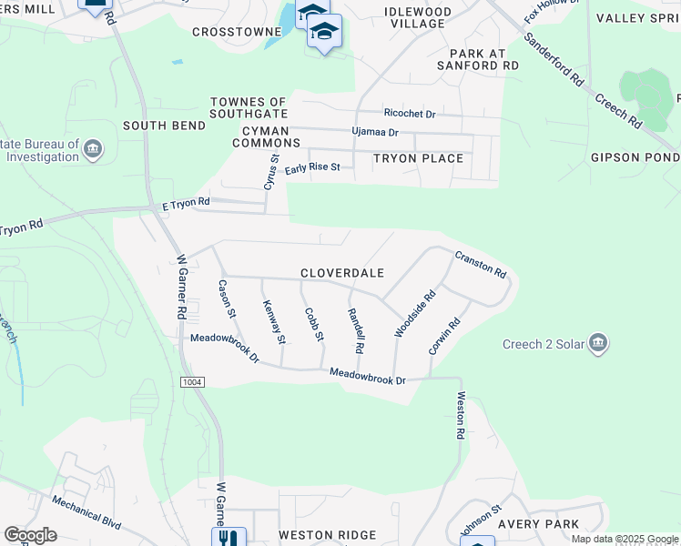 map of restaurants, bars, coffee shops, grocery stores, and more near 1225 Southerlund Road in Garner