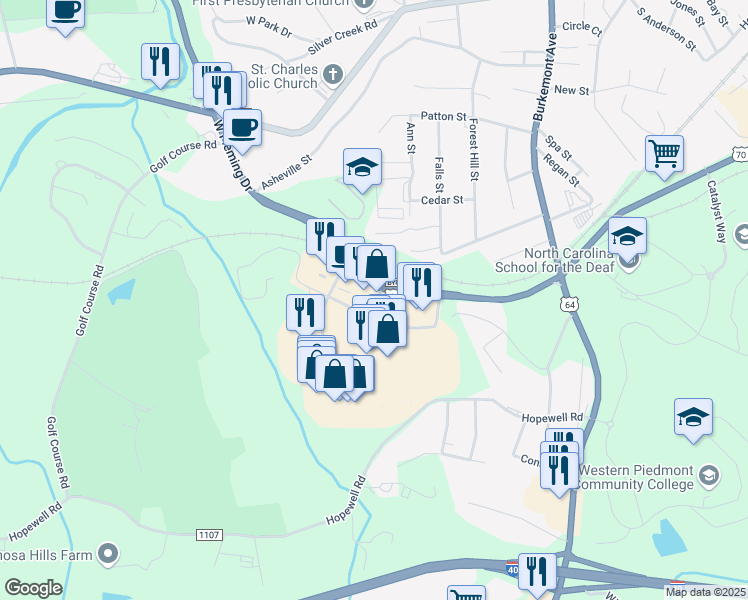 map of restaurants, bars, coffee shops, grocery stores, and more near 114 Morganton Heights Boulevard in Morganton