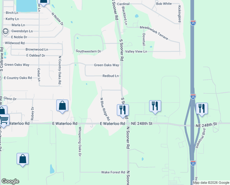 map of restaurants, bars, coffee shops, grocery stores, and more near 4120 East Blue Ridge Road in Edmond