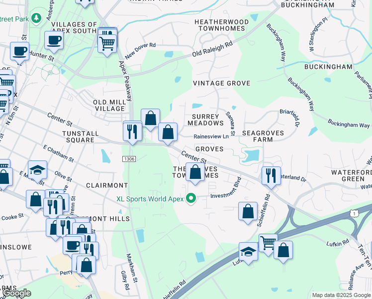 map of restaurants, bars, coffee shops, grocery stores, and more near 820 Myrtle Grove Lane in Apex
