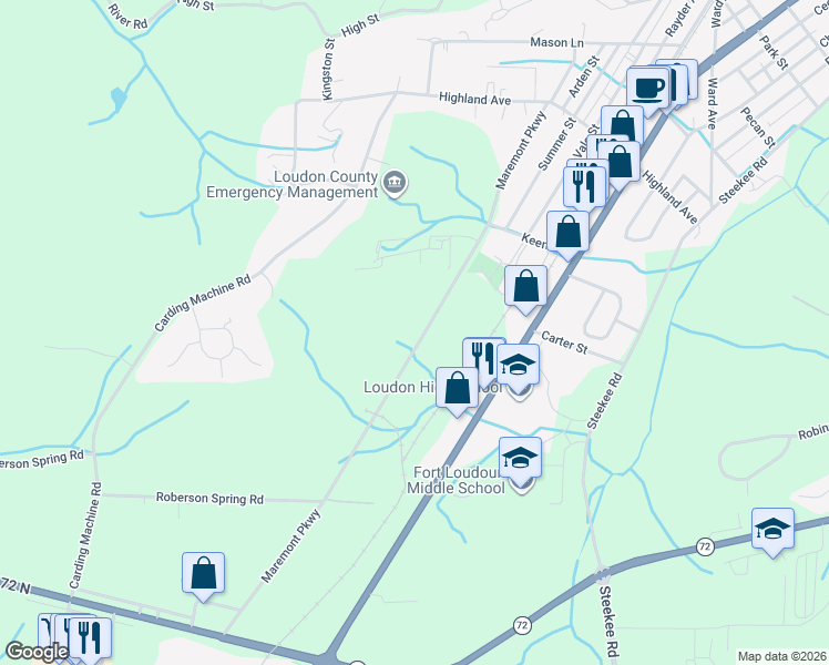 map of restaurants, bars, coffee shops, grocery stores, and more near 100 Chatuga Drive West in Loudon