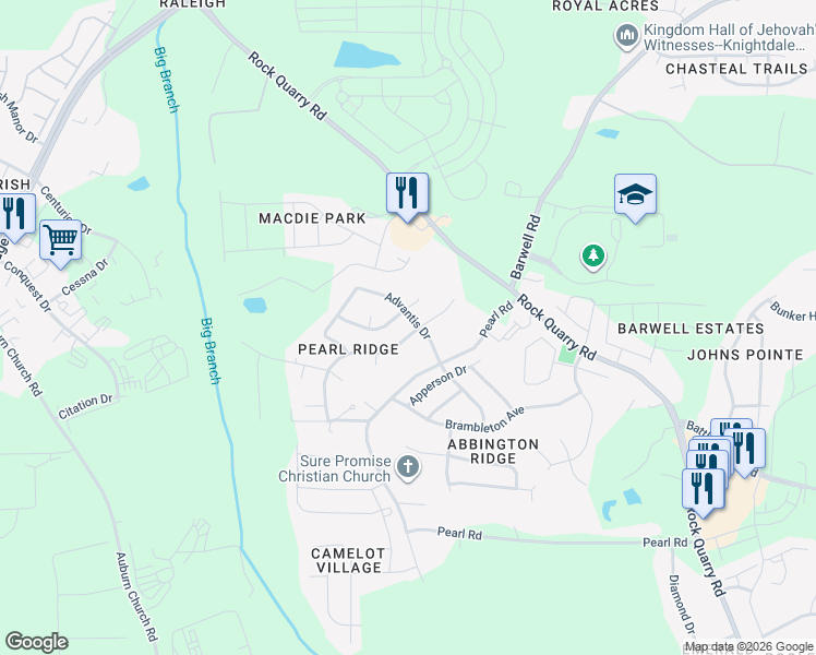 map of restaurants, bars, coffee shops, grocery stores, and more near 5600 Advantis Drive in Raleigh