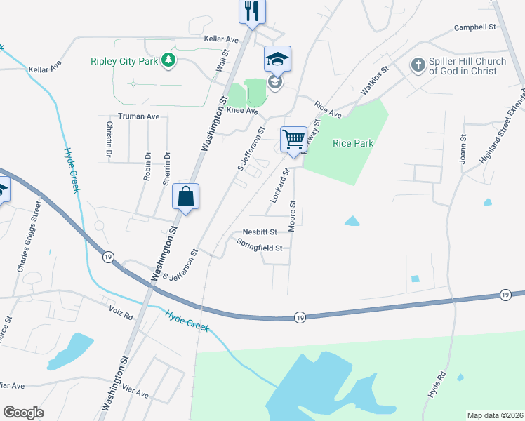 map of restaurants, bars, coffee shops, grocery stores, and more near 362 Lee Avenue in Ripley