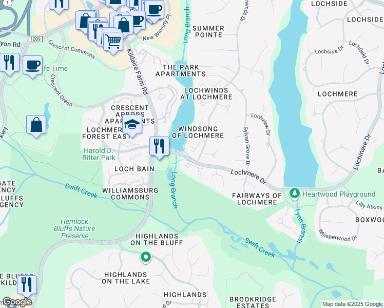 map of restaurants, bars, coffee shops, grocery stores, and more near 213 East Wind Lane in Cary