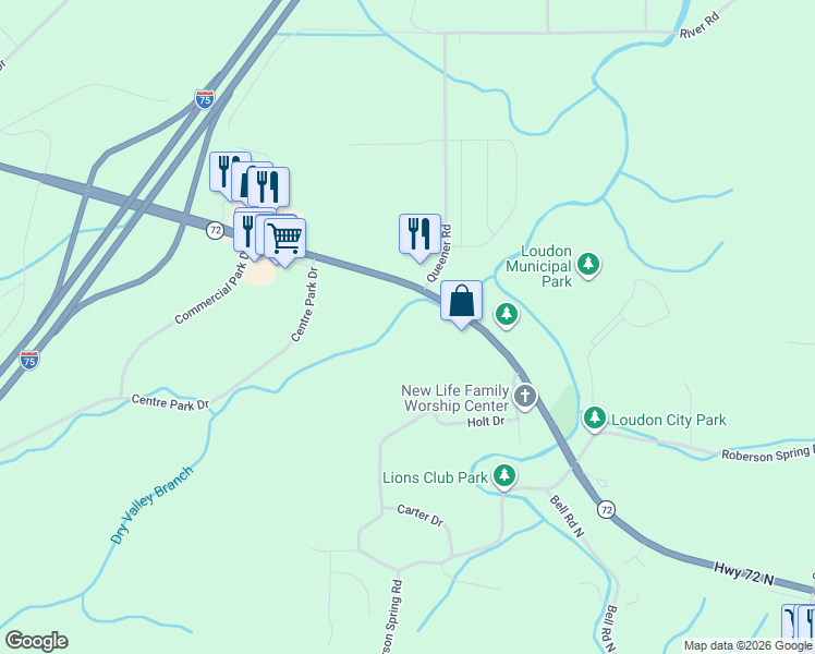 map of restaurants, bars, coffee shops, grocery stores, and more near 9547 Tennessee 72 in Loudon