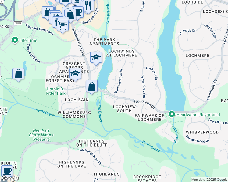 map of restaurants, bars, coffee shops, grocery stores, and more near 209 East Wind Lane in Cary