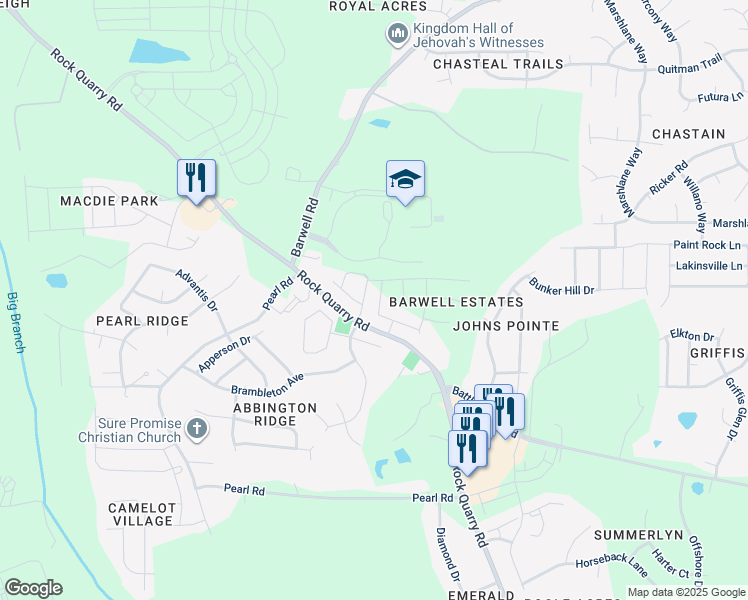 map of restaurants, bars, coffee shops, grocery stores, and more near 3608 Turney Drive in Raleigh