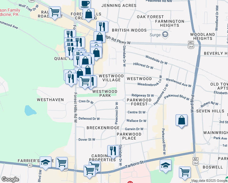 map of restaurants, bars, coffee shops, grocery stores, and more near 2216 Woodcroft Drive West in Wilson
