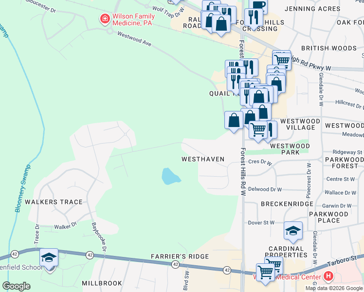 map of restaurants, bars, coffee shops, grocery stores, and more near 2717 Winding Ridge Drive West in Wilson
