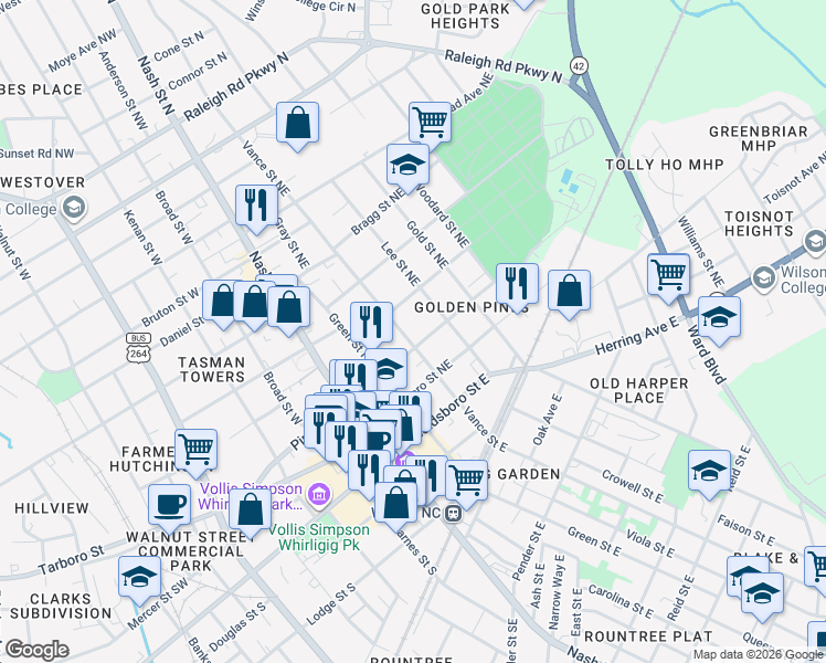 map of restaurants, bars, coffee shops, grocery stores, and more near 203 Vance Street Northeast in Wilson