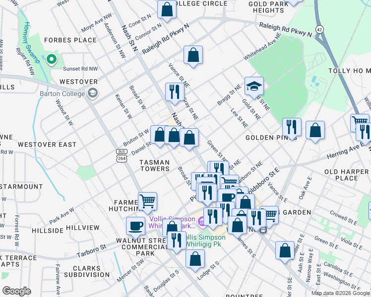 map of restaurants, bars, coffee shops, grocery stores, and more near 303 Nash St NE in Wilson